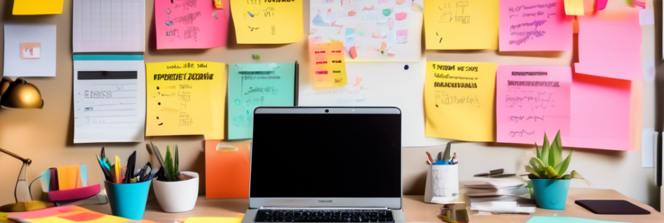 A vibrant, modern workspace with a tidy desk, a laptop displaying a productivity app, sticky notes with tasks marked as completed, and motivational posters