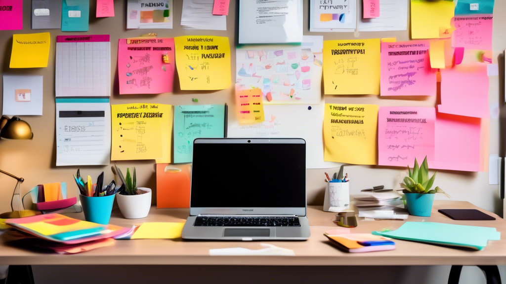 A vibrant, modern workspace with a tidy desk, a laptop displaying a productivity app, sticky notes with tasks marked as completed, and motivational posters