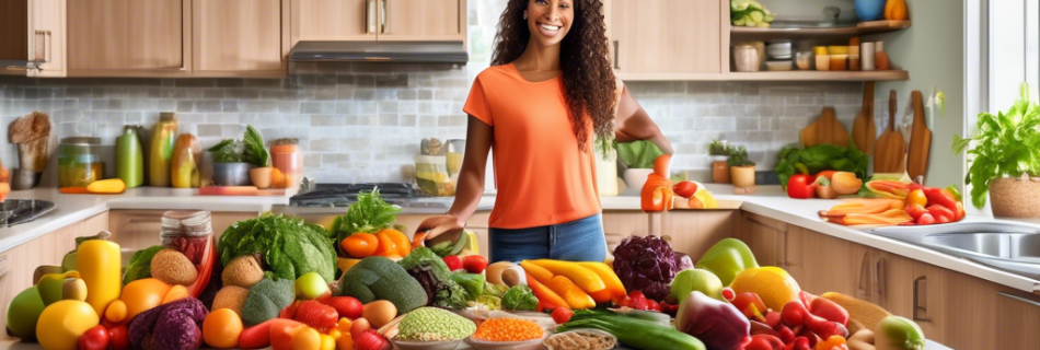 A vibrant kitchen scene with fresh fruits and vegetables, a person meal-prepping with colorful produce, a variety of whole grains, lean proteins, and nuts