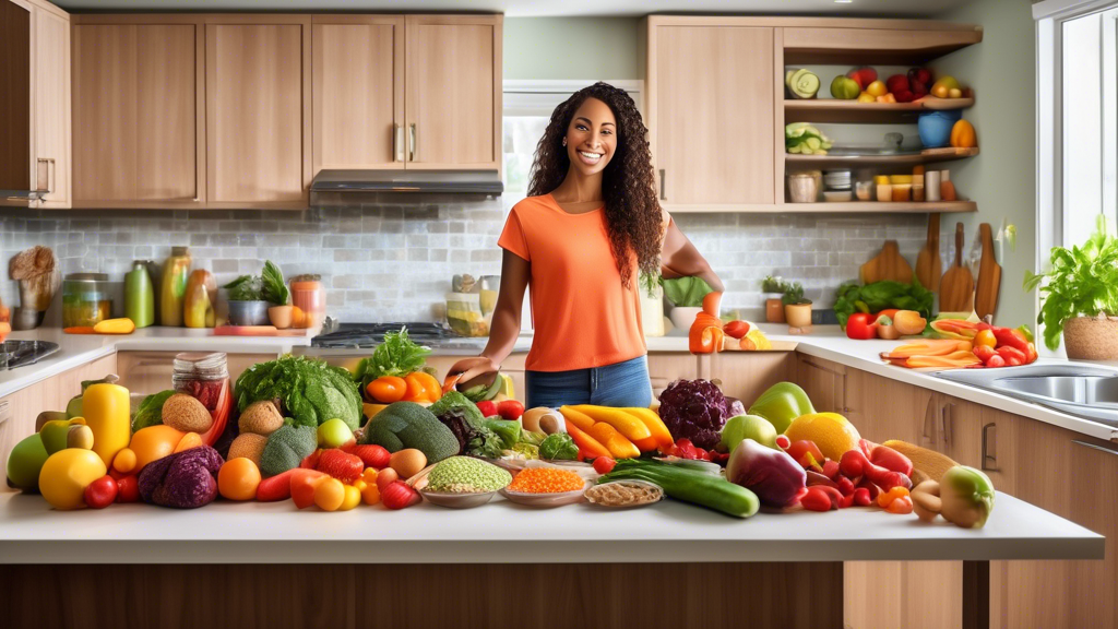 A vibrant kitchen scene with fresh fruits and vegetables, a person meal-prepping with colorful produce, a variety of whole grains, lean proteins, and nuts