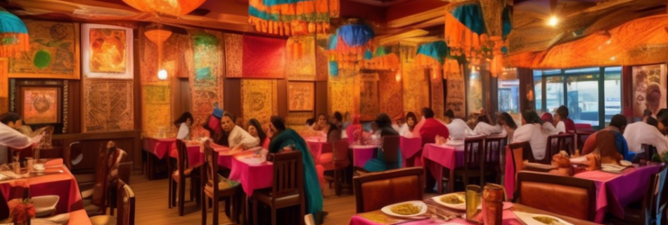 A vibrant and lively Indian restaurant filled with colorful decorations, traditional Indian artwork, and rich wooden furniture. The tables are laden with v