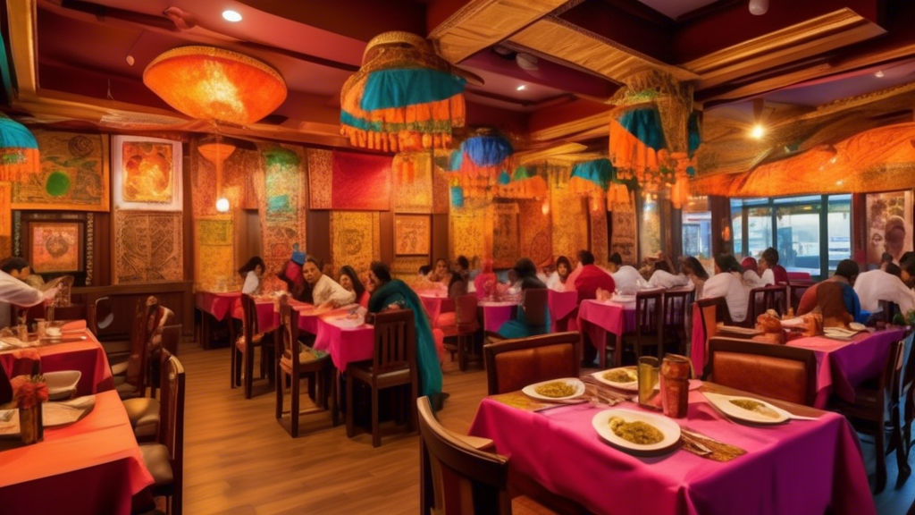 A vibrant and lively Indian restaurant filled with colorful decorations, traditional Indian artwork, and rich wooden furniture. The tables are laden with v