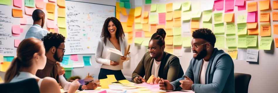 A detailed image of a diverse group of people in a modern office setting, gathered around a whiteboard filled with colorful sticky notes and written goals.