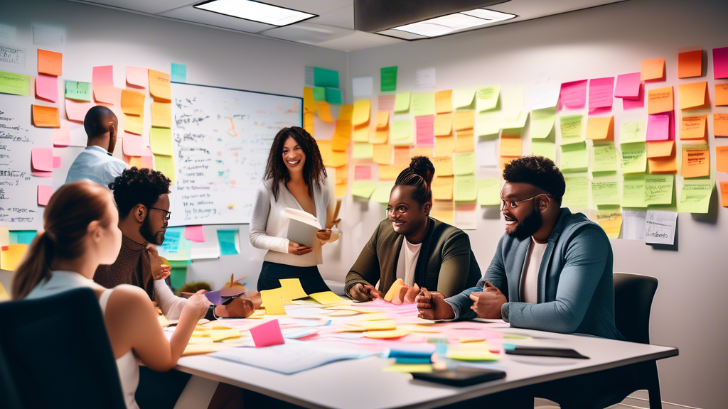 A detailed image of a diverse group of people in a modern office setting, gathered around a whiteboard filled with colorful sticky notes and written goals.