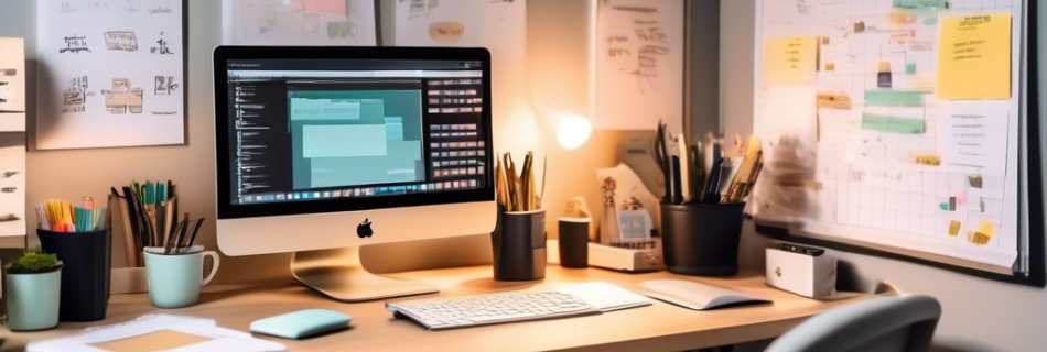 A modern office desk with a computer, notebooks, sticky notes, and a neatly organized workspace, surrounded by motivational posters and productivity tools