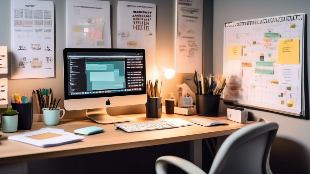 A modern office desk with a computer, notebooks, sticky notes, and a neatly organized workspace, surrounded by motivational posters and productivity tools