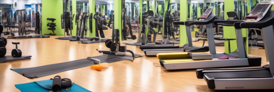 A vibrant, modern gym filled with diverse people engaging in various exercises such as weight lifting, treadmill running, and yoga classes, showcasing the