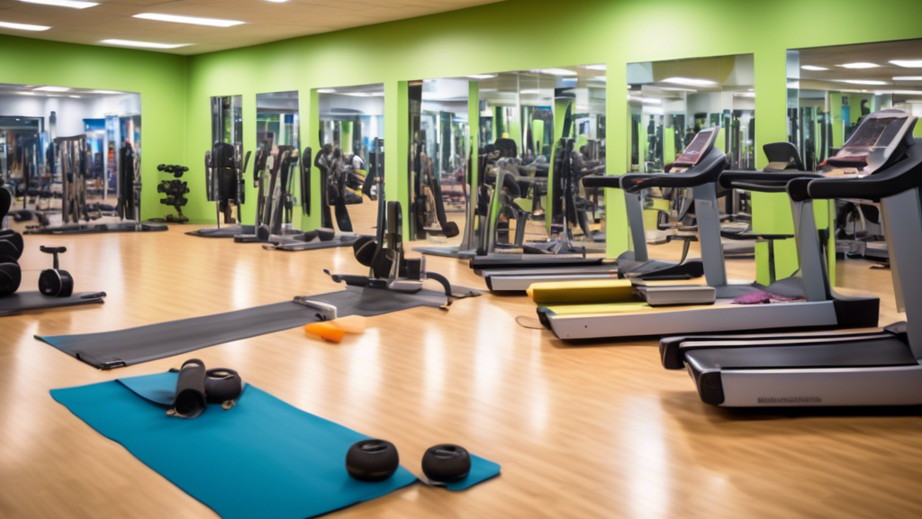 A vibrant, modern gym filled with diverse people engaging in various exercises such as weight lifting, treadmill running, and yoga classes, showcasing the