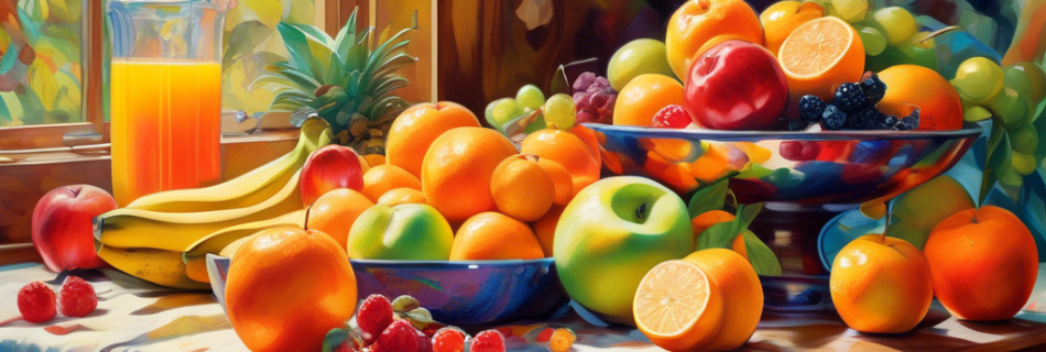 A vibrant still-life painting of a variety of fresh, colorful fruits such as oranges, apples, berries, and bananas displayed on a wooden kitchen table. The