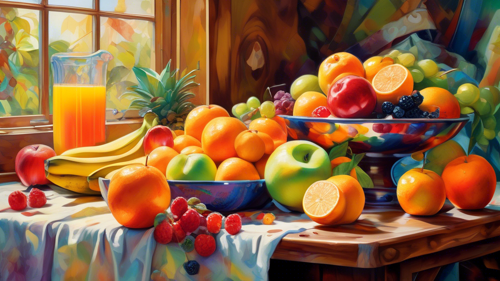 A vibrant still-life painting of a variety of fresh, colorful fruits such as oranges, apples, berries, and bananas displayed on a wooden kitchen table. The