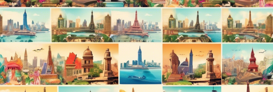 A vibrant collage featuring iconic landmarks from around the world, including the Eiffel Tower in Paris, the Great Wall of China, the beaches of Bali, the