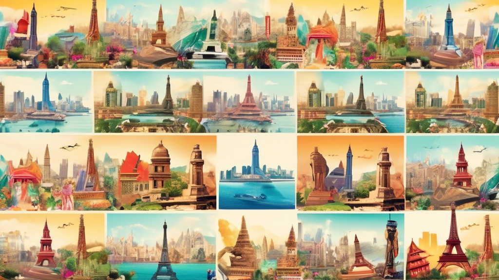 A vibrant collage featuring iconic landmarks from around the world, including the Eiffel Tower in Paris, the Great Wall of China, the beaches of Bali, the