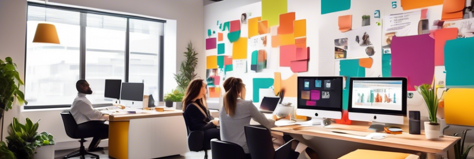 Create an image that shows a vibrant office space with modern design. There are diverse employees engaged in various activities that foster motivation and