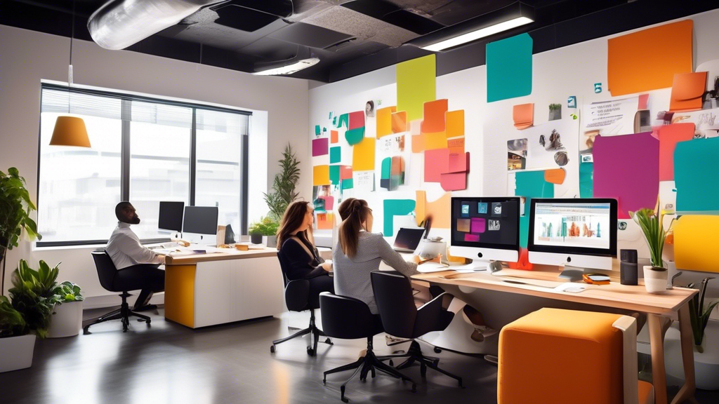 Create an image that shows a vibrant office space with modern design. There are diverse employees engaged in various activities that foster motivation and