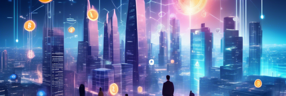 A futuristic cityscape with digital currency symbols floating above skyscrapers, showcasing the evolution of finance from traditional to digital. Include d