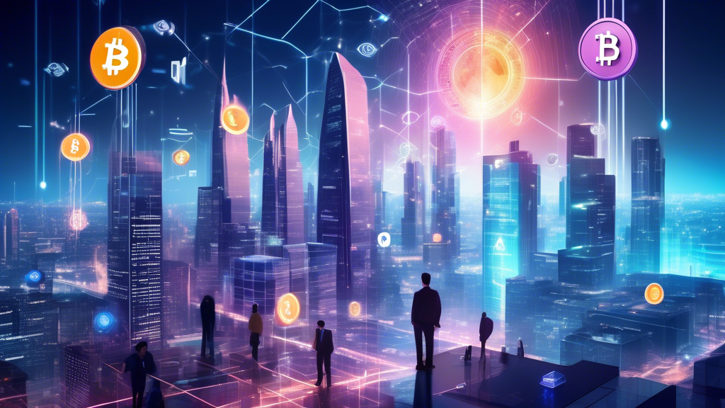 A futuristic cityscape with digital currency symbols floating above skyscrapers, showcasing the evolution of finance from traditional to digital. Include d