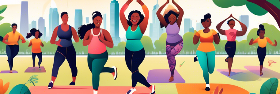 Create an inspiring and vibrant image of a diverse group of people engaging in various fitness activities, including yoga, weightlifting, running, and cycl