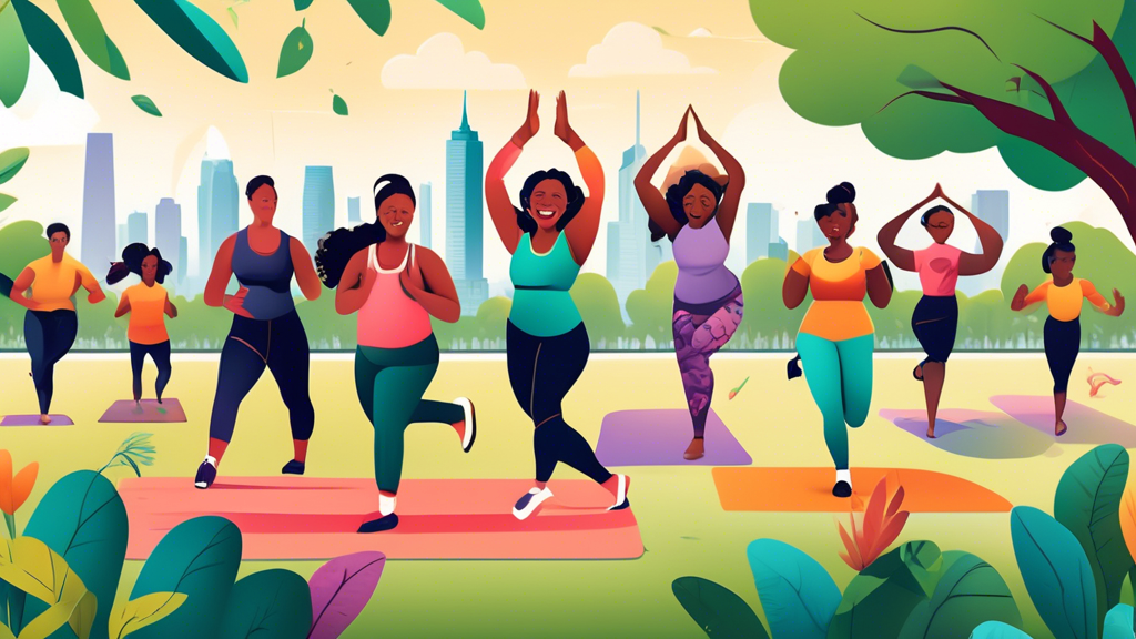 Create an inspiring and vibrant image of a diverse group of people engaging in various fitness activities, including yoga, weightlifting, running, and cycl