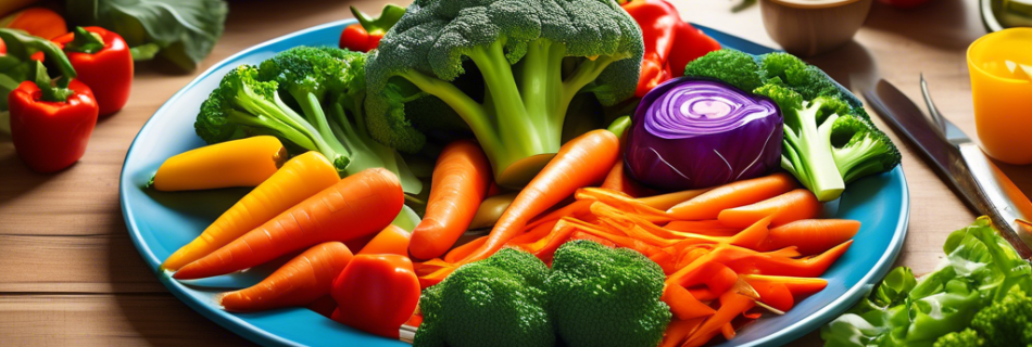 A vibrant and colorful dinner plate filled with a variety of fresh vegetables like broccoli, carrots, bell peppers, and leafy greens. The image should incl