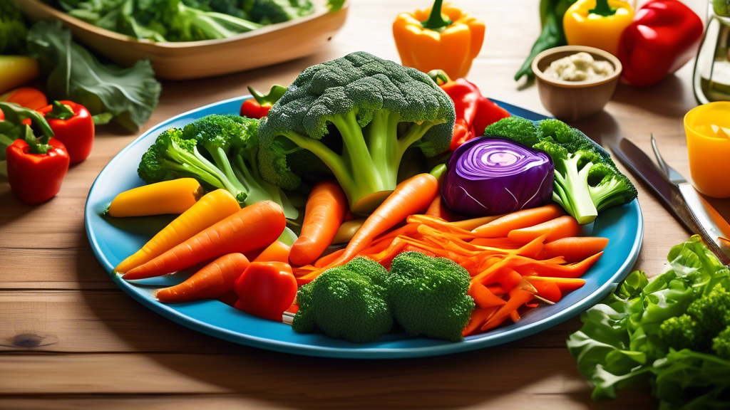 A vibrant and colorful dinner plate filled with a variety of fresh vegetables like broccoli, carrots, bell peppers, and leafy greens. The image should incl