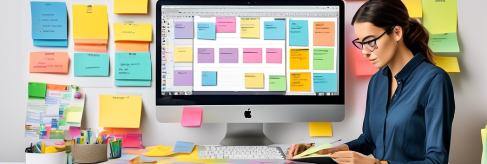 A busy professional workspace featuring a colorful priority board with various tasks sorted under different priority levels; a person is seen actively orga