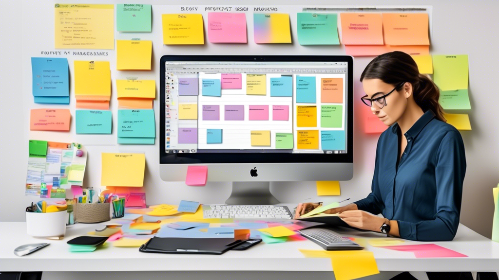 A busy professional workspace featuring a colorful priority board with various tasks sorted under different priority levels; a person is seen actively orga