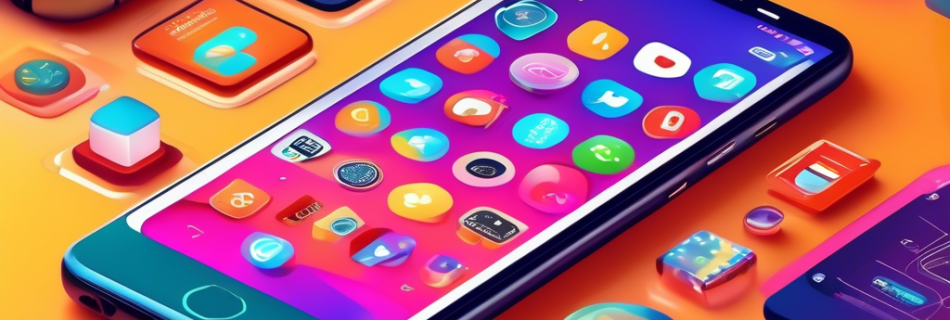 A vibrant and dynamic digital illustration showcasing a modern smartphone with a high-resolution screen. The display features various colorful app icons, e