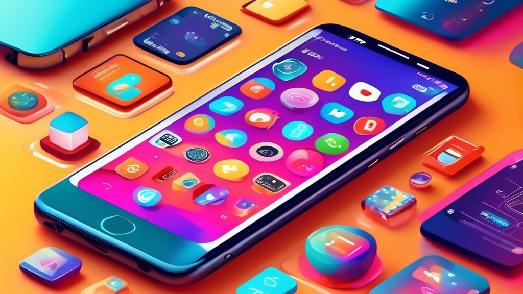 A vibrant and dynamic digital illustration showcasing a modern smartphone with a high-resolution screen. The display features various colorful app icons, e