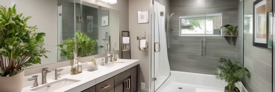 A modern and stylish bathroom featuring a well-coordinated color scheme, sleek tile work, energy-efficient lighting, and a spacious layout. The image inclu