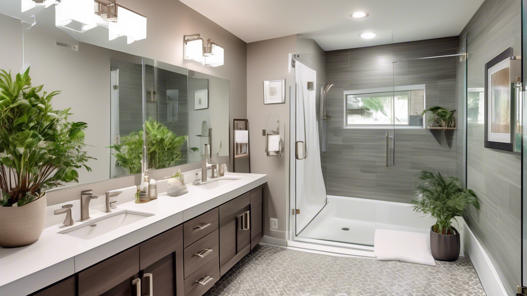 A modern and stylish bathroom featuring a well-coordinated color scheme, sleek tile work, energy-efficient lighting, and a spacious layout. The image inclu