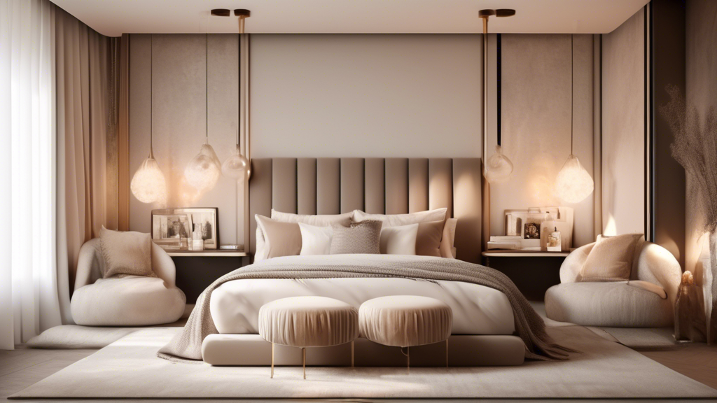 A beautifully decorated bedroom showcasing a blend of stylish and cozy elements: a modern platform bed with a plush headboard, draped in luxurious, soft li