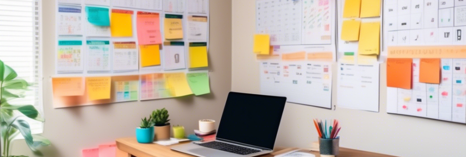 A cozy, organized home office with a person working intently on a laptop. Surrounding them are colorful budgeting charts, graphs, and sticky notes on the w