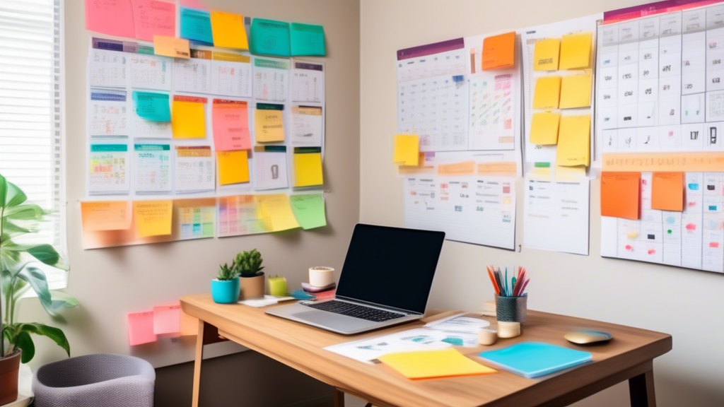 A cozy, organized home office with a person working intently on a laptop. Surrounding them are colorful budgeting charts, graphs, and sticky notes on the w