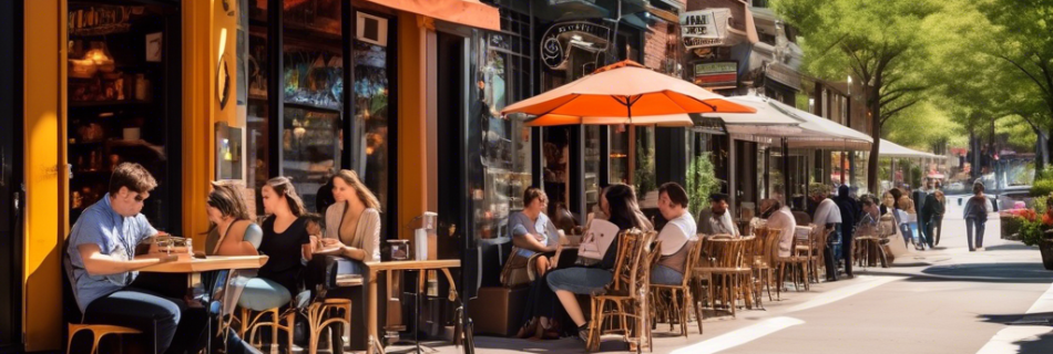 A vibrant city street lined with trendy coffee shops, each with unique storefronts and outdoor seating areas. Patrons are seen enjoying their coffee, some