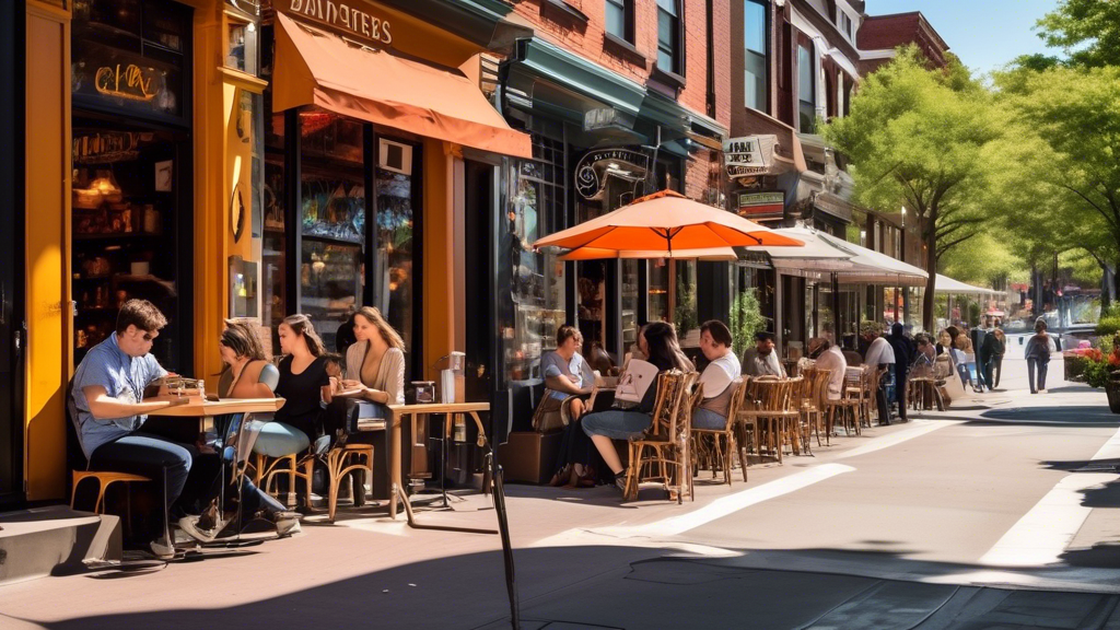 A vibrant city street lined with trendy coffee shops, each with unique storefronts and outdoor seating areas. Patrons are seen enjoying their coffee, some