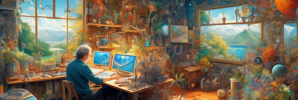 A detailed painting scene featuring Claude, an imaginative artist and inventor, working in his cluttered studio filled with canvases, sketches, and experim