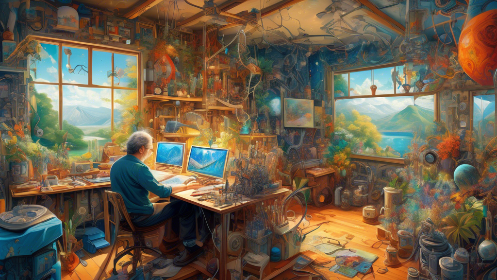 A detailed painting scene featuring Claude, an imaginative artist and inventor, working in his cluttered studio filled with canvases, sketches, and experim