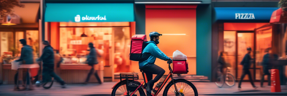 A vibrant cityscape at dusk with a food delivery courier on a bicycle in the foreground, showcasing branded insulated bags. Various types of cuisine can be