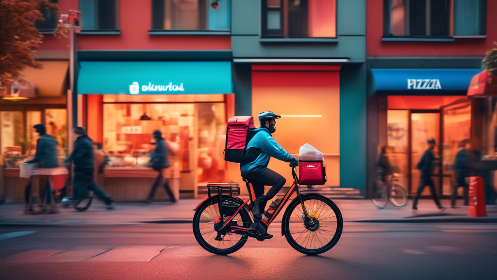 A vibrant cityscape at dusk with a food delivery courier on a bicycle in the foreground, showcasing branded insulated bags. Various types of cuisine can be