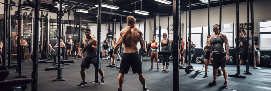 A dynamic and energetic CrossFit gym filled with diverse individuals working out with intensity and focus. Include various CrossFit elements like people li