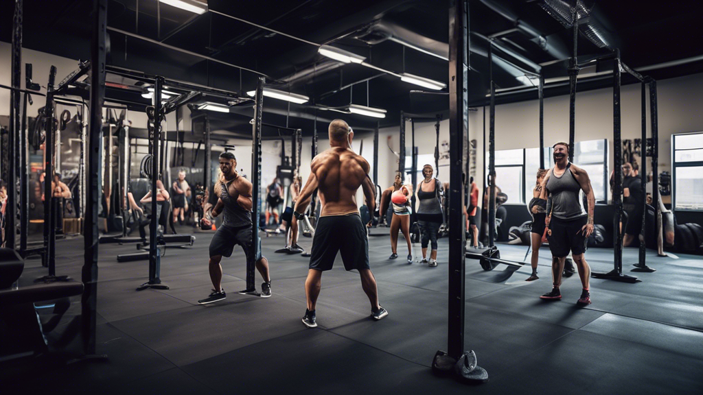 A dynamic and energetic CrossFit gym filled with diverse individuals working out with intensity and focus. Include various CrossFit elements like people li