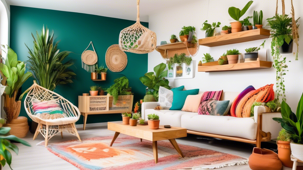 A vibrant and inviting scene showcasing a variety of DIY home projects in a well-lit, stylish living space. The image features a newly painted accent wall,