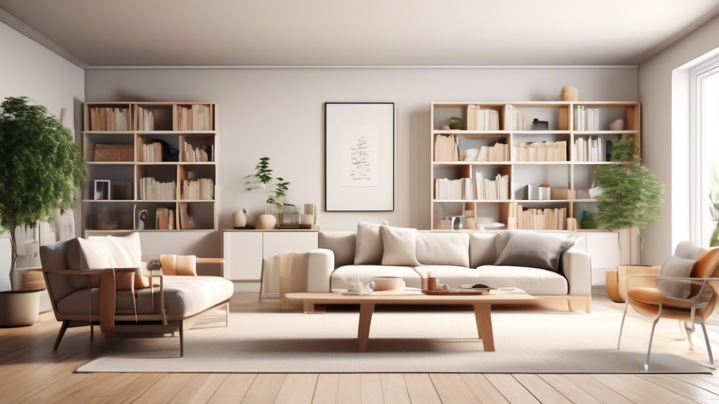 A bright, modern living room showcasing various decluttering methods, such as neatly labeled storage bins, minimalist furniture, a clean and clear coffee t