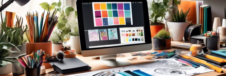 A vibrant image of a designer's workspace showcasing a wide array of tools and materials, including sketches, fabrics, 3D models, digital graphics on a tab