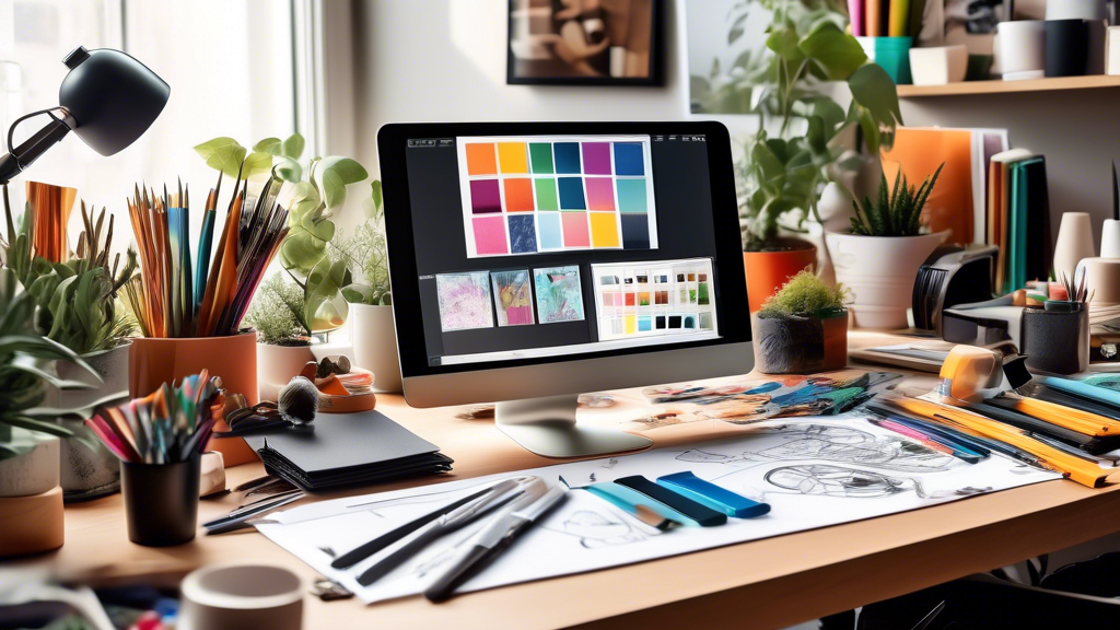 A vibrant image of a designer's workspace showcasing a wide array of tools and materials, including sketches, fabrics, 3D models, digital graphics on a tab