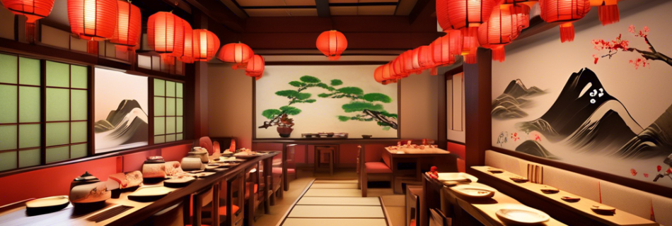 Create an image capturing the vibrant scene inside a traditional Japanese restaurant. The decor should feature wooden furniture, shoji screens, hanging lan