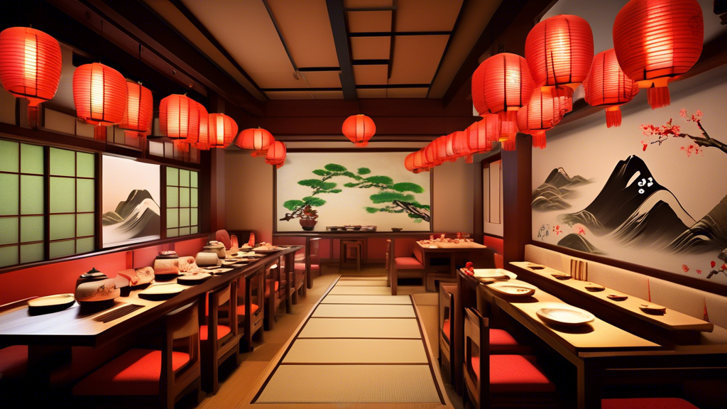 Create an image capturing the vibrant scene inside a traditional Japanese restaurant. The decor should feature wooden furniture, shoji screens, hanging lan