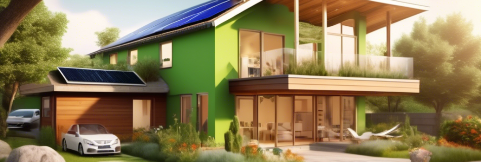 Create an image of a modern, eco-friendly house with solar panels on the roof, energy-efficient windows, and a lush, sustainable garden. Inside, show energ