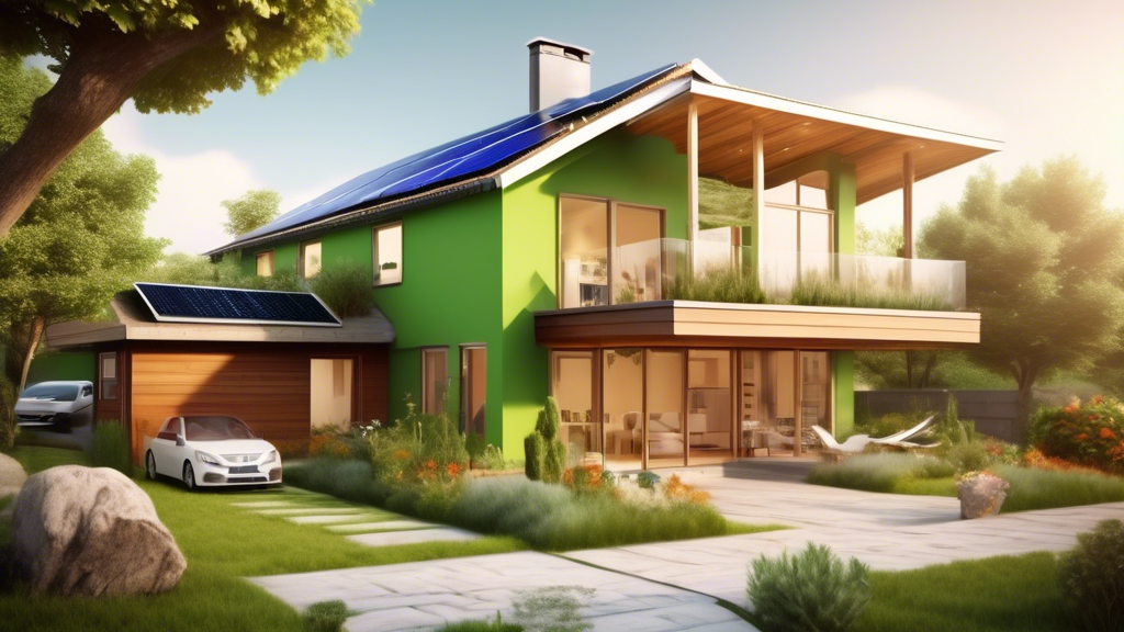 Create an image of a modern, eco-friendly house with solar panels on the roof, energy-efficient windows, and a lush, sustainable garden. Inside, show energ