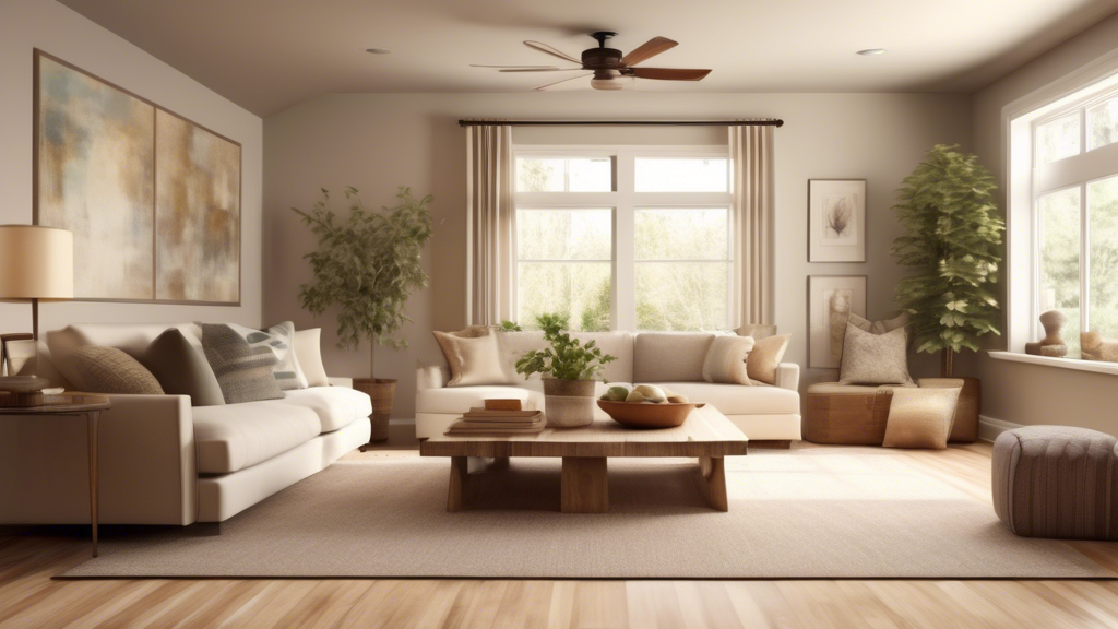 Create an image of a cozy, well-lit living room showcasing a variety of flooring options seamlessly blending into one another. The room should feature hard